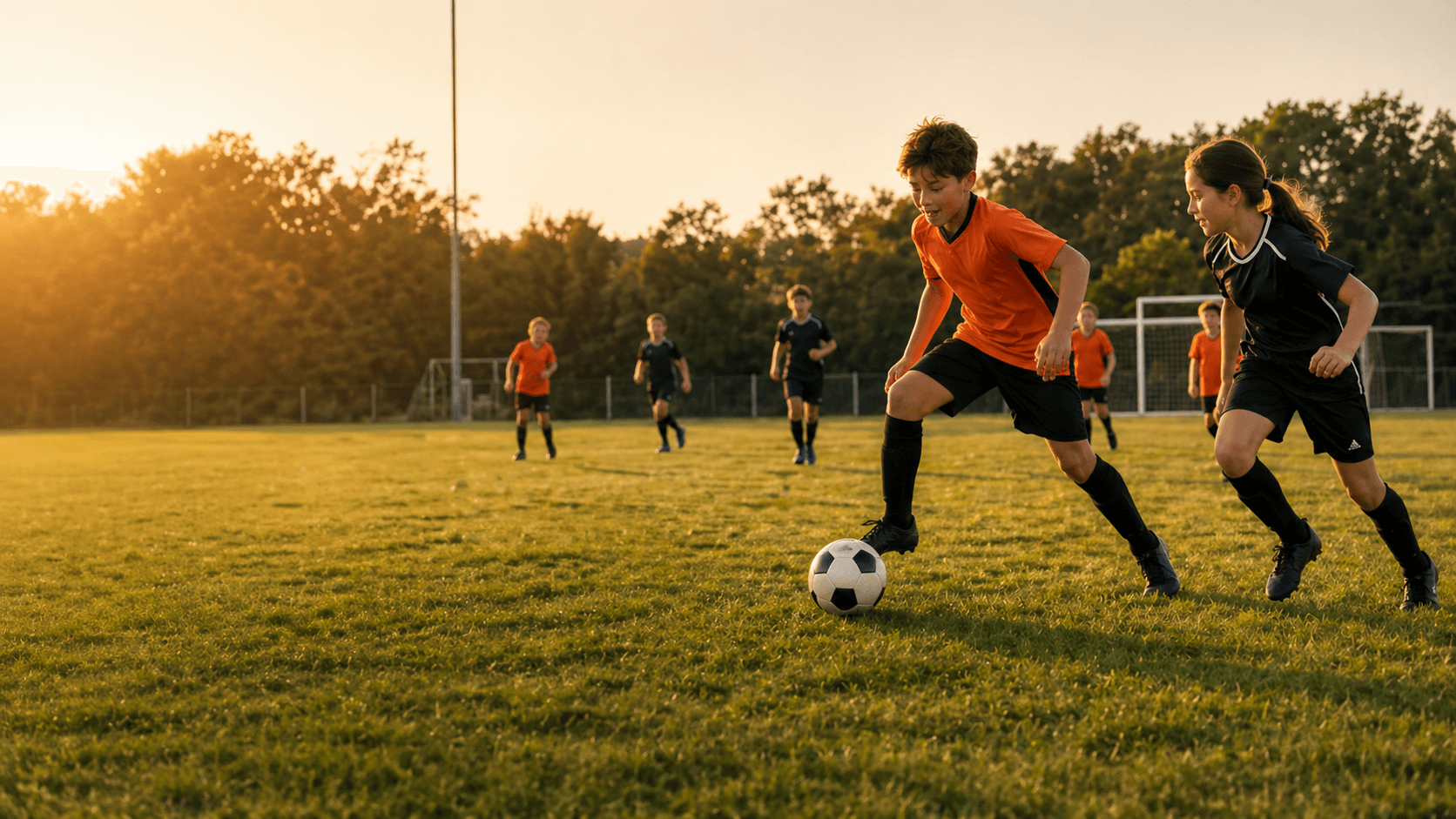 Kids playing football at sunset